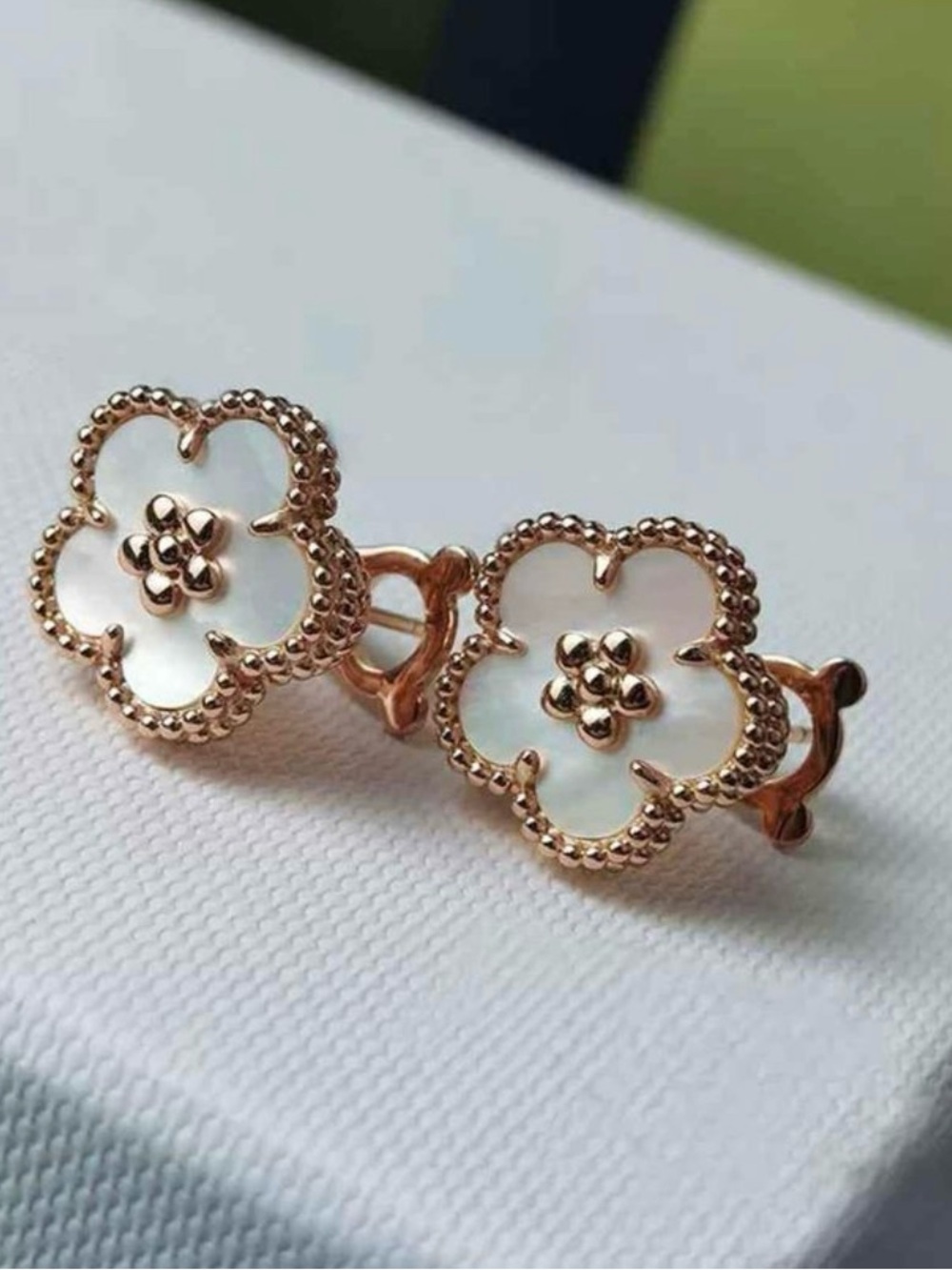 18k Rose Gold Plated Mother of Pearl Flower Omega Back Earrings